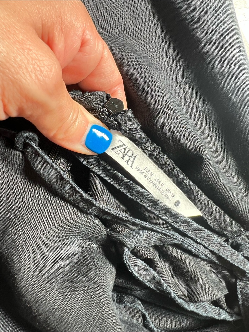 Zara Black Linen-Blend Maxi Dress Lace-Up Tie Back Square Neck Side Slit Medium - Picture 12 of 12